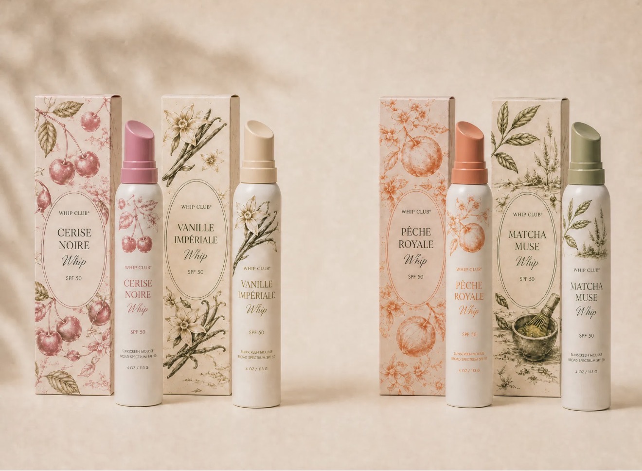 The full Whip Club collection of sunscreen mousse